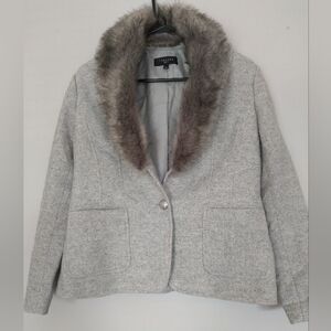 Talbots Light Gray Blazer with Faux Fur Collar 8p Preppy